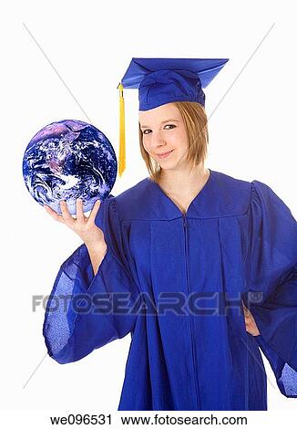 Beautiful Caucasian teenager in a graduation gown holding the world View Large Photo Image Stock Image - Beautiful Caucasian teenager in a graduation gown holding the world. Fotosearch