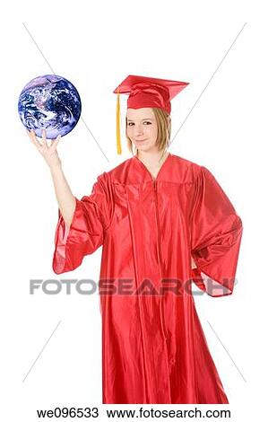Beautiful Caucasian teenager in a graduation gown holding the world View Large Photo Image Stock Image - Beautiful Caucasian teenager in a graduation gown holding the world. Fotosearch