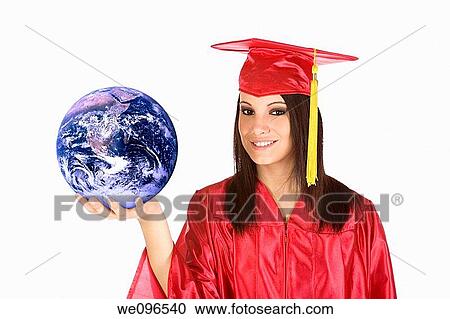 Beautiful Caucasian teenager in a graduation gown holding the world View Large Photo Image Stock Image - Beautiful Caucasian teenager in a graduation gown holding the world. Fotosearch