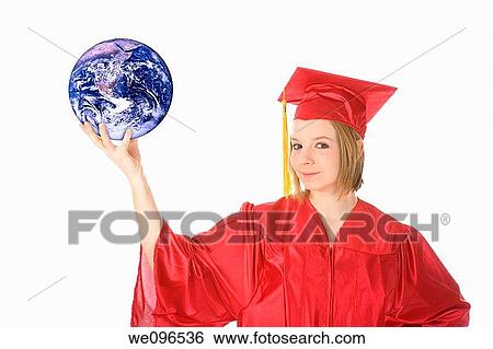 Beautiful Caucasian teenager in a graduation gown holding the world View Large Photo Image Stock Photograph - Beautiful Caucasian teenager in a graduation gown holding the world. Fotosearch