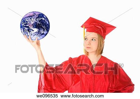 Beautiful Caucasian teenager in a graduation gown holding the world View Large Photo Image Stock Photography - Beautiful Caucasian teenager in a graduation gown holding the world. Fotosearch