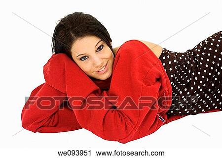 Beautiful caucasian woman laying on a white background wearing casaul clothing and smiling View Large Photo Image Stock Image - Beautiful caucasian woman laying on a white background wearing casaul clothing and smiling. Fotosearch