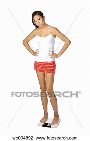 Beautiful Caucasian woman weighting herself and very upset about it View Large Photo Image Stock Image - Beautiful Caucasian woman weighting herself and very upset about it. Fotosearch