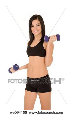 Beautiful Caucasian woman working out with dumbbells on white background View Large Photo Image Stock Photography - Beautiful Caucasian woman working out with dumbbells on white background. Fotosearch