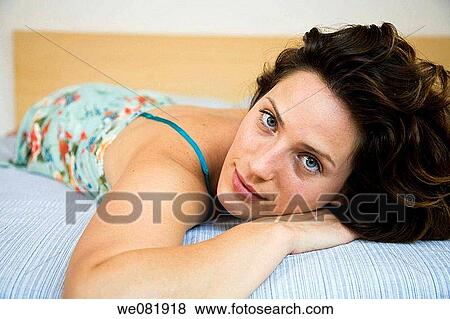 bed, brunette, blue eyes, at-home View Large Photo Image Stock Photo - bed, brunette, blue eyes, at-home. Fotosearch