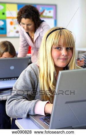 Stock Photo - blond, child, classroom. Fotosearch