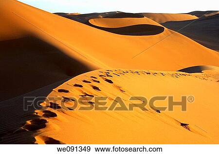 Blown-over footprints in the sand dunes of Erg Muzurq, Sahara desert, Libya View Large Photo Image Stock Photo - Blown-over footprints in the sand dunes of Erg Muzurq, Sahara desert, Libya. Fotosearch