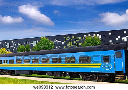 Blue historic Waterloo Central Railway train car with modern Perimeter Institute building View Large Photo Image Stock Image - Blue historic Waterloo Central Railway train car with modern Perimeter Institute building. Fotosearch
