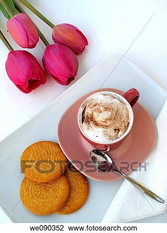 Cappuccino, cookies and tulips View Large Photo Image Stock Image - Cappuccino, cookies and tulips. Fotosearch