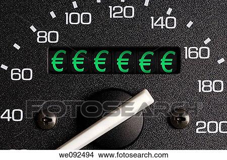 Picture - Car distance counter showing euro symbols. Fotosearch