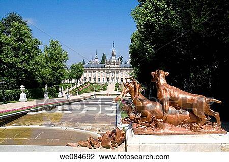 Stock Image - Cascada Nueva fountain and Royal Palace. La Granja de San Ildefonso, Segovia province, Castilla Leon, Spain.. Fotosearch