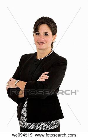 Caucasian businesswoman smiling while standing on a white background View Large Photo Image Stock Photo - Caucasian businesswoman smiling while standing on a white background. Fotosearch