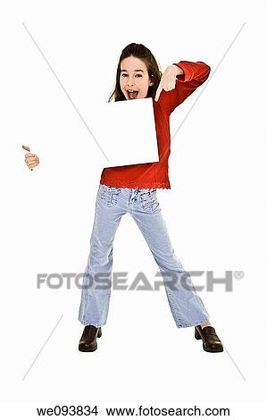 Caucasian child holding a blank sign so you can add your own advertising slogan She is on a white background View Large Photo Image Picture - Caucasian child holding a blank sign so you can add your own advertising slogan She is on a white background. Fotosearch