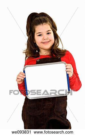 Stock Image - Caucasian child holding a blank sign so you can add your own advertising slogan She is on a white background. Fotosearch