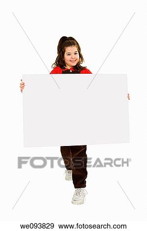 Stock Photo - Caucasian child holding a blank sign so you can add your own advertising slogan She is on a white background. Fotosearch