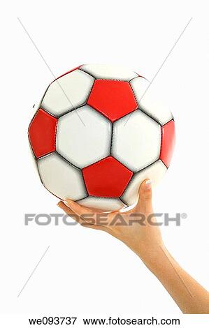 Caucasian female hand holding a soccer ball on white backgound View Large Photo Image Stock Photo - Caucasian female hand holding a soccer ball on white backgound. Fotosearch
