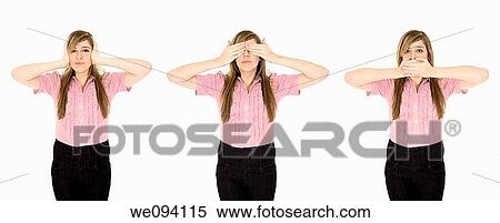 Stock Photography - Caucasian teenager displaying some attitude with the Hear No Evil, See No Evil, Speak No Evil hand gestures. Fotosearch