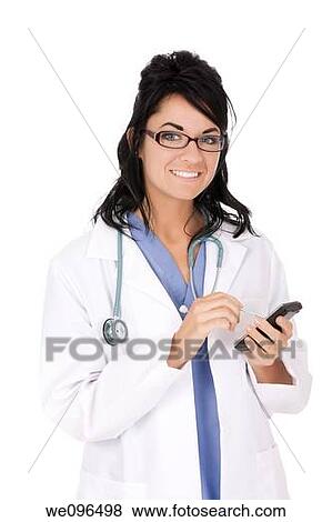 Caucasian woman doctor entering data into a pda on white background View Large Photo Image Stock Photo - Caucasian woman doctor entering data into a pda on white background. Fotosearch