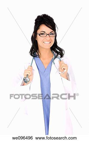 Caucasian woman doctor with stethoscope on white background View Large Photo Image Stock Photograph - Caucasian woman doctor with stethoscope on white background. Fotosearch