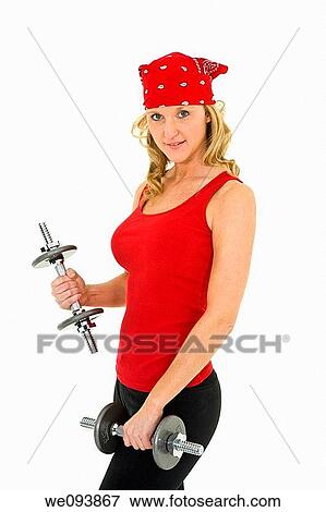 Caucasian woman in early 40s lifting weights using a dumbbell on a white background View Large Photo Image Stock Photo - Caucasian woman in early 40s lifting weights using a dumbbell on a white background. Fotosearch