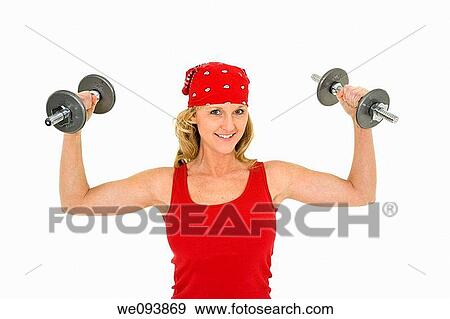 Caucasian woman in early 40s lifting weights using a dumbbell on a white background View Large Photo Image Stock Photo - Caucasian woman in early 40s lifting weights using a dumbbell on a white background. Fotosearch