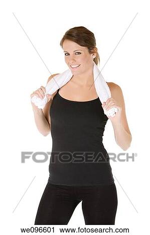 Caucasian woman in fitness outfit holding a towel View Large Photo Image Stock Image - Caucasian woman in fitness outfit holding a towel. Fotosearch