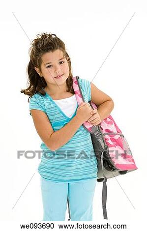 Child holding a school backpack and standing on a white background View Large Photo Image Stock Image - Child holding a school backpack and standing on a white background. Fotosearch