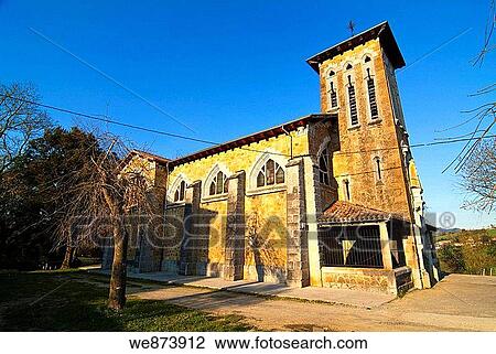 Stock Image - Church of Santa Maria (1916), Valle de Carranza, Biscay, Basque Country, Spain.. Fotosearch
