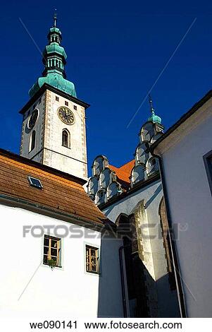 Stock Image - Church of St Metamorphosis tower in historical town of Tabor Czech Republic Europe. Fotosearch
