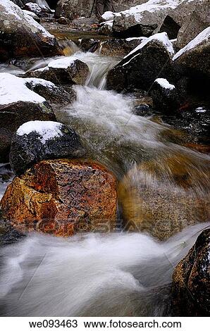Cold waterfall with snow on rocks on Bridalveil Creek below the Fall in Yosemite Valley View Large Photo Image Stock Image - Cold waterfall with snow on rocks on Bridalveil Creek below the Fall in Yosemite Valley. Fotosearch