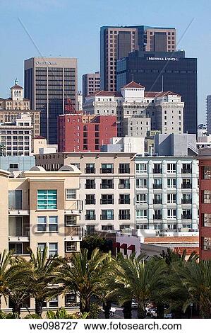 Stock Photo - Commercial and residential buildings with palm trees in downtown San Diego, California, USA. Fotosearch