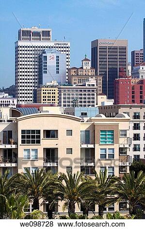Commercial and residential buildings with palm trees in downtown San Diego, California, USA View Large Photo Image Stock Photo - Commercial and residential buildings with palm trees in downtown San Diego, California, USA. Fotosearch