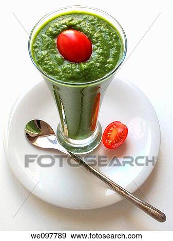 Cup of pea soup with cherry tomato, View Large Photo Image Stock Photo - Cup of pea soup with cherry tomato,. Fotosearch