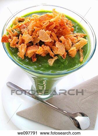 Cup of pea soup with fried onions, View Large Photo Image Stock Image - Cup of pea soup with fried onions,. Fotosearch