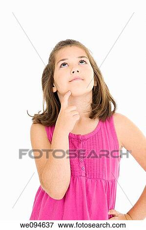 Cute Caucasian child thinking on a white background View Large Photo Image Stock Photo - Cute Caucasian child thinking on a white background. Fotosearch