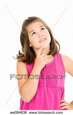 Cute Caucasian child thinking on a white background View Large Photo Image Stock Photograph - Cute Caucasian child thinking on a white background. Fotosearch