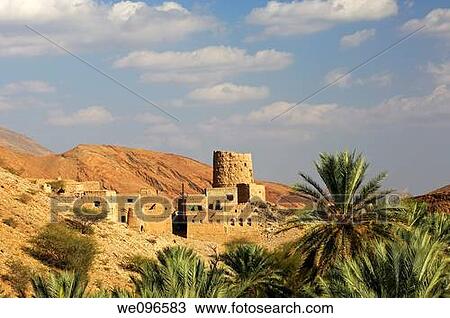 Decaying watchtower near the mountain village of Misfah al Abriyeen at the foot of the Hajar mountains, Wilayat of al Hamra, Sultanate of Oman View Large Photo Image Stock Image - Decaying watchtower near the mountain village of Misfah al Abriyeen at the foot of the Hajar mountains, Wilayat of al Hamra, Sultanate of Oman. Fotosearch