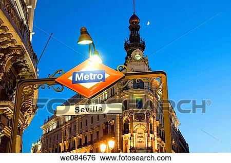 Detail of Metro Sevilla entrance, night view. Madrid, Spain. View Large Photo Image Stock Photograph - Detail of Metro Sevilla entrance, night view. Madrid, Spain.. Fotosearch