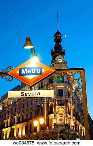 Detail of Metro Sevilla entrance, night view. Madrid, Spain. View Large Photo Image Stock Photography - Detail of Metro Sevilla entrance, night view. Madrid, Spain.. Fotosearch