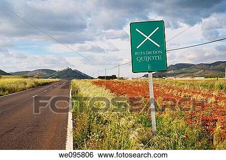 Don Quijote's route signpost and road. Calzada de Calatrava, Ciudad Real province, Castilla La Mancha, Spain. View Large Photo Image Stock Photograph - Don Quijote's route signpost and road. Calzada de Calatrava, Ciudad Real province, Castilla La Mancha, Spain.. Fotosearch