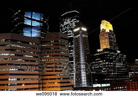 Downtown Minneapolis at night with highrise office towers lights View Large Photo Image Stock Photo - Downtown Minneapolis at night with highrise office towers lights. Fotosearch