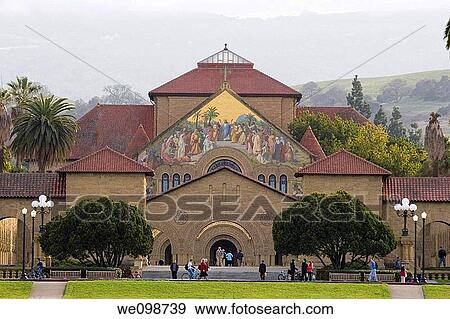 Dramatic entrance to the Stanford University Main Quad campus, with sandstone buildings and Spanish tile roofs and Memorial Church fresco Stanford, California View Large Photo Image Stock Photo - Dramatic entrance to the Stanford University Main Quad campus, with sandstone buildings and Spanish tile roofs and Memorial Church fresco Stanford, California. Fotosearch