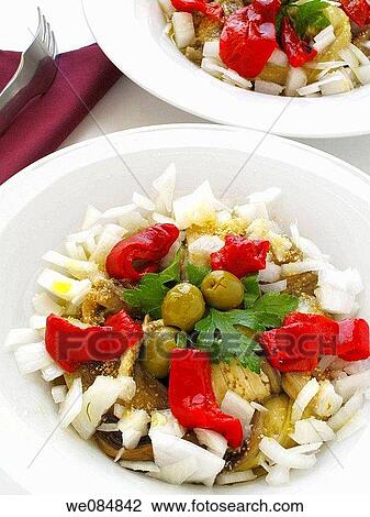 Eggplant salad with onions and roasted peppers View Large Photo Image Stock Image - Eggplant salad with onions and roasted peppers. Fotosearch