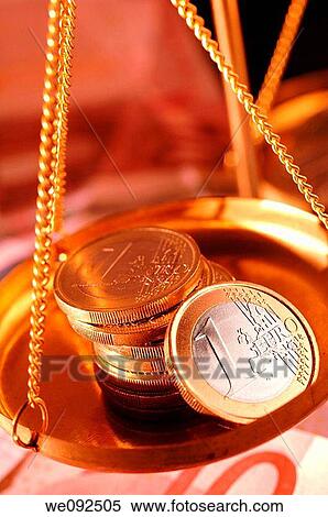 Euro coins in pan of weighing balance View Large Photo Image Stock Photography - Euro coins in pan of weighing balance. Fotosearch