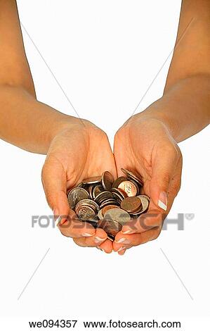 Female holding a hand full of US coins View Large Photo Image Stock Photo - Female holding a hand full of US coins. Fotosearch