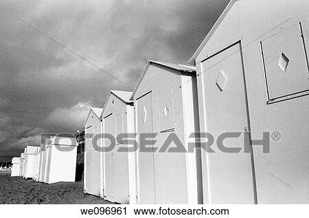 Stock Image - France cabourg bathhouses on beach. Fotosearch