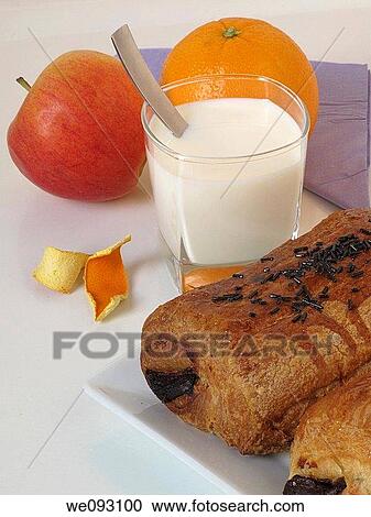 Glass of milk with fruit and pastries View Large Photo Image Stock Image - Glass of milk with fruit and pastries. Fotosearch