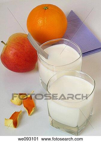 Glasses of milk with fruits View Large Photo Image Stock Image - Glasses of milk with fruits. Fotosearch