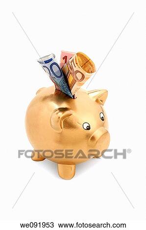 Gold piggy bank with euro notes View Large Photo Image Stock Image - Gold piggy bank with euro notes. Fotosearch