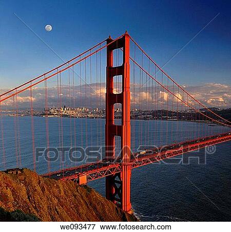 Golden Gate Bridge with San Francisco skyline and moon at sunset View Large Photo Image Stock Photo - Golden Gate Bridge with San Francisco skyline and moon at sunset. Fotosearch